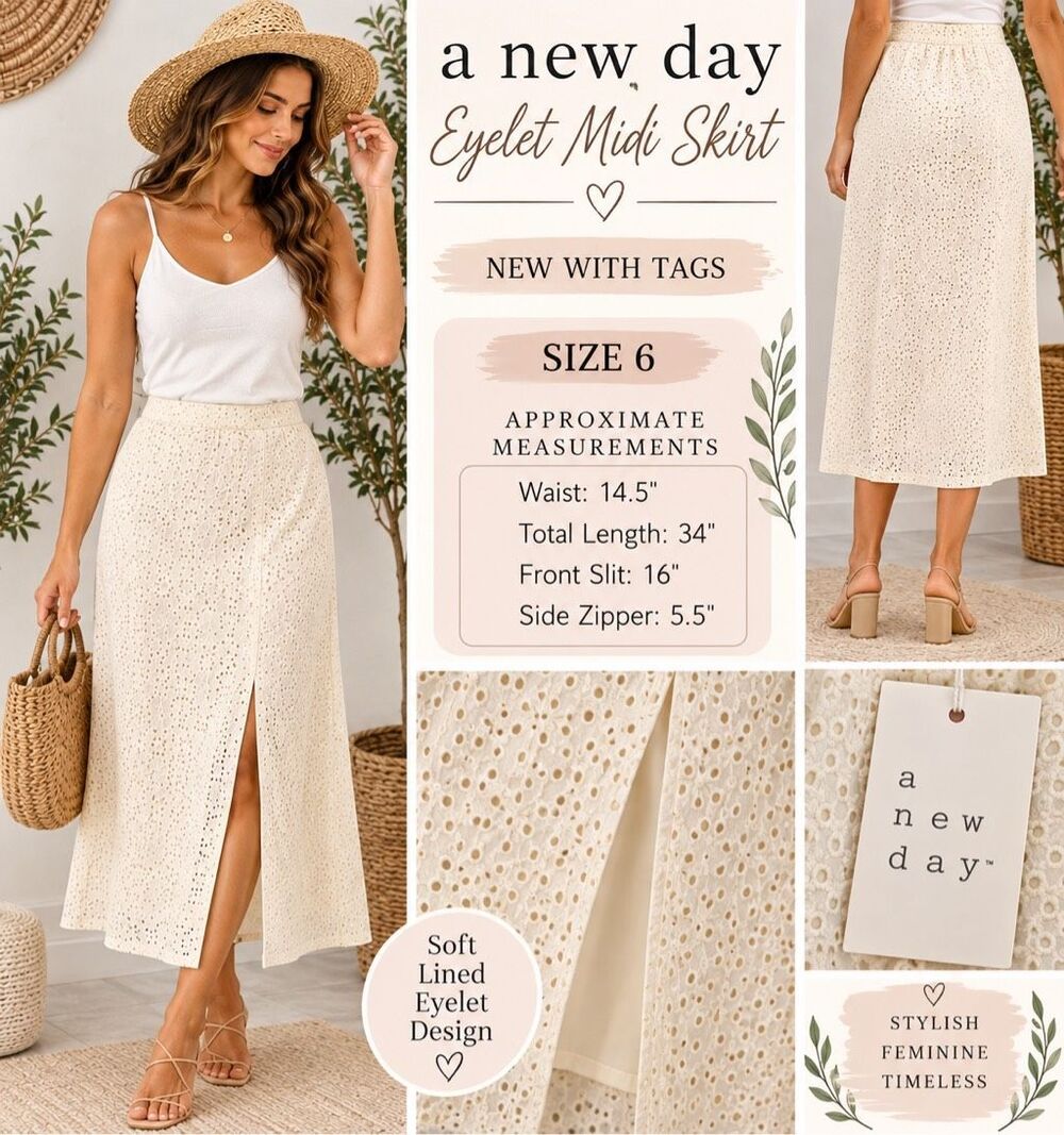 A New Day Eyelet Midi Skirt NWT Women’s Size 6 Ivory/Cream Midi Skirt